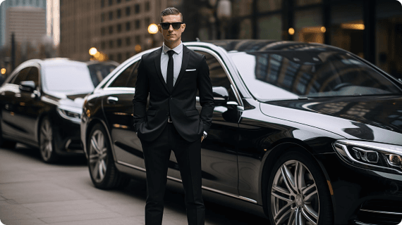 Chauffeur in sharp suit stands beside a luxury black sedan, city reflections gleaming on the vehicle for a premium car service impression.