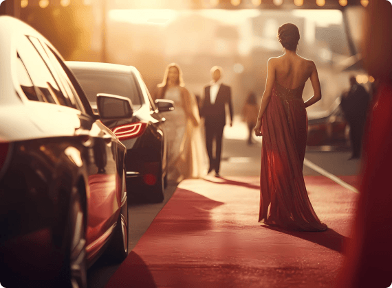 Elegant woman in a backless red gown walking a red carpet toward luxury black cars, with golden-hour lighting highlighting the glamorous arrival.