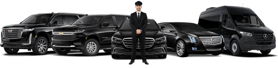 Chauffeur in uniform standing before a lineup of luxury vehicles including SUVs, sedans, and a Mercedes Sprinter, on a white studio backdrop.