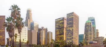 California city skyline with palm trees and tall buildings