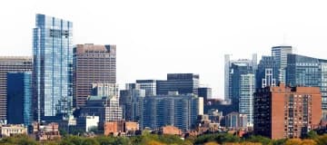 Boston, Massachusetts, cityscape with modern glass buildings on the