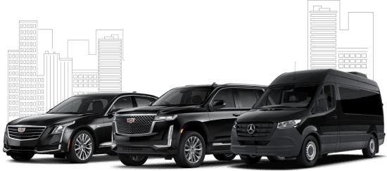 Premium black Cadillac sedans, SUVs, and Mercedes van lineup with a bold gold 'Satisfaction Guaranteed' seal in an urban backdrop.