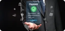Businessman holding out a digital payment interface with finance icons.