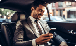 A businessman in a sharp suit relaxing in a luxury car while scrolling his phone, reflecting personalized travel comfort.