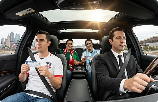 Interior view of a luxury car with a sunroof, where a professional chauffeur in a black suit and tie is driving three soccer fans. The front passenger wears a USA jersey and holds a ticket, while two men in the back wear Mexico and Argentina jerseys and scarves, all appearing excited as they head toward a stadium visible through the window.