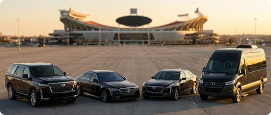 A fleet of four black luxury vehicles—a large SUV, two sedans, and a passenger van—parked in a row in an empty asphalt lot with a large sports stadium in the background during golden hour.