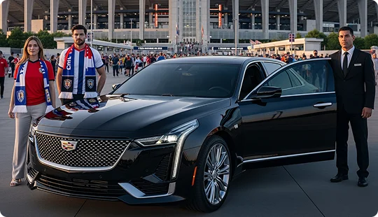 A black Cadillac sedan parked in front of a stadium, with a chauffeur holding the door open for a man and woman dressed in sports fan apparel.
