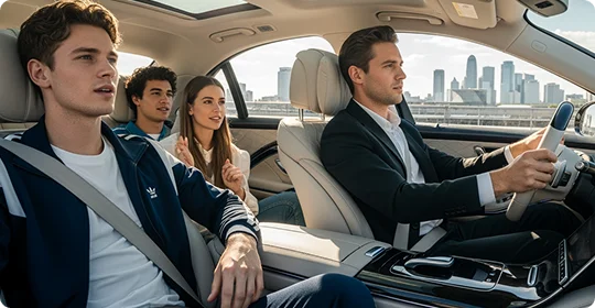 A man in a navy and white jacket and three passengers ride in a luxury car with light leather seats and a sunroof, showing a city skyline through the windows.
