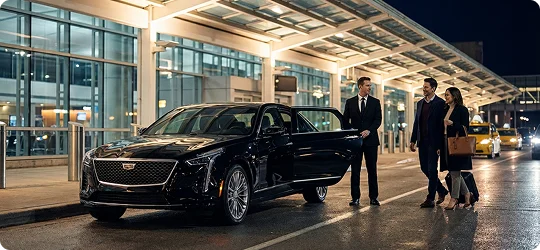 A professional chauffeur in a dark suit stands by a black Cadillac sedan with the rear door open, greeting a man and a woman as they arrive at a brightly lit airport terminal at night. The couple is dressed in business-casual attire and carries luggage, while the modern glass architecture of the airport and other yellow taxis are visible in the background.
