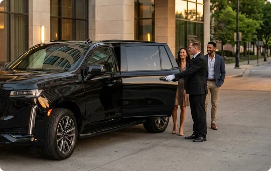 Chauffeur in white gloves opening the door of a black luxury SUV for a well-dressed couple on a city street.