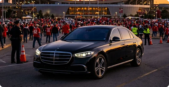 A black Mercedes-Benz sedan is elegantly parked outside a football stadium while the crowd in red sports attire enters the stadium in purple scenic view.
