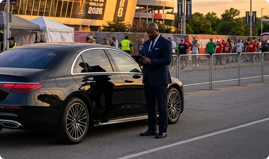 A man in a suit standing next to a black luxury sedan, using a tablet outside a large stadium during sunset.