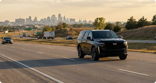 A black luxury SUV drives along a multi-lane highway toward a distant city skyline during sunset.