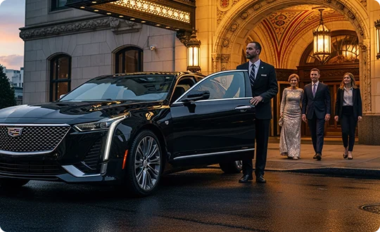 A chauffeur holds open the door of a black Cadillac sedan as a group of people in formal attire exit a grand, brightly lit building at dusk.