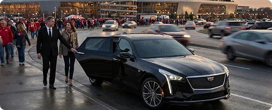 A black Cadillac sedan is parked at a curb in front of a busy stadium or arena at dusk. A man in a black suit is opening the rear passenger door for a woman dressed in business casual attire. In the background, a crowd of people in red clothing walks along the sidewalk, and several cars are blurred in motion on the street.