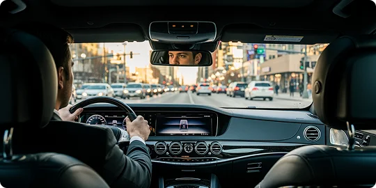 Interior view from the backseat of a luxury car, showing a man in a suit driving through city traffic with a digital dashboard and a reflection of his eyes in the rearview mirror.