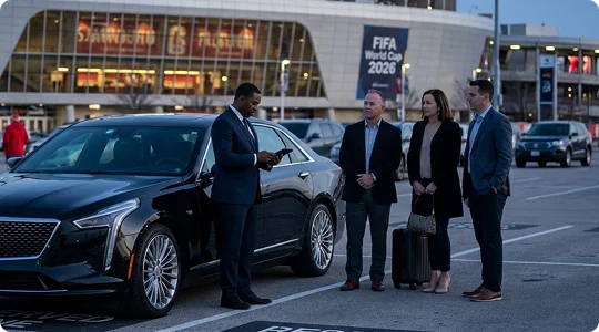 A chauffeur in a dark suit stands by a black luxury sedan, looking at a tablet while three professionally dressed passengers with luggage wait nearby in a parking lot outside a stadium featuring FIFA World Cup 2026 branding.